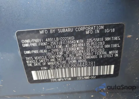 2019 Subaru Forester Limited z USA, uszkodzony, nr VIN JF2SKAUC8KH448781